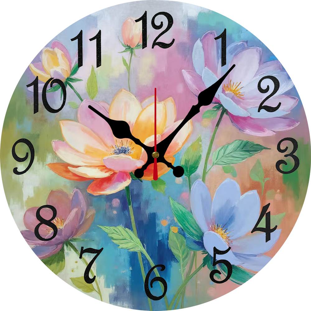 Eveokoki DIY Kitchen Wall Clock 12 Inch Battery Operated Vintage Round Wooden Clocks Vibrant Floral Decor Silent Wall Clock for Home Office Decoration