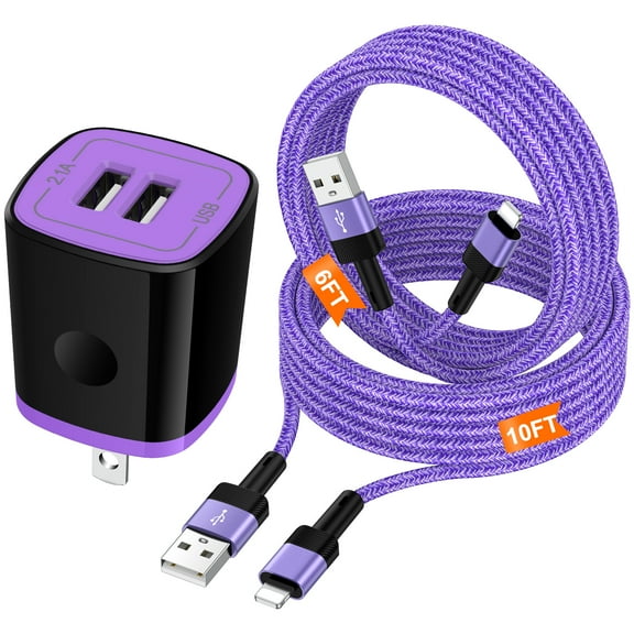 iPhone Charger,1Pack 2.1 Dual USB Charger Block w/ 2Pack Multi Charging Cables 6FT 10ft iPhone Charger Cords,USB Wall Charger Station Power Adapter USB Charging Block Compatible for iPhone 14/13/12