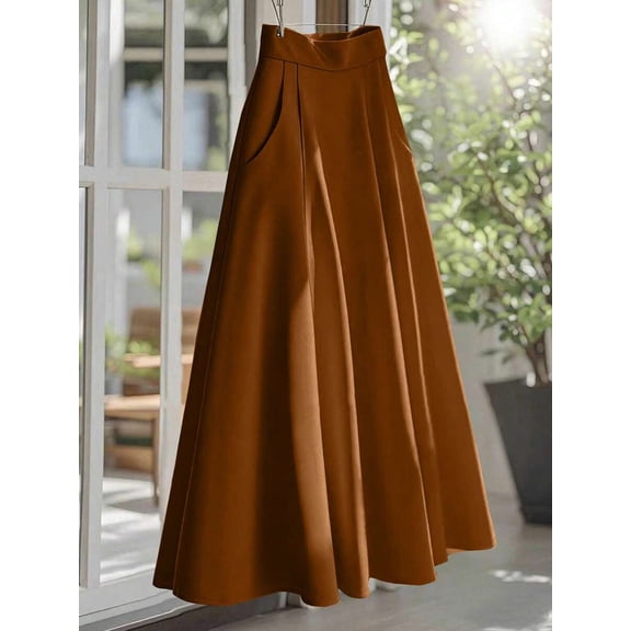 Brown High Waist A-Line Flowing Midi Skirt For Women