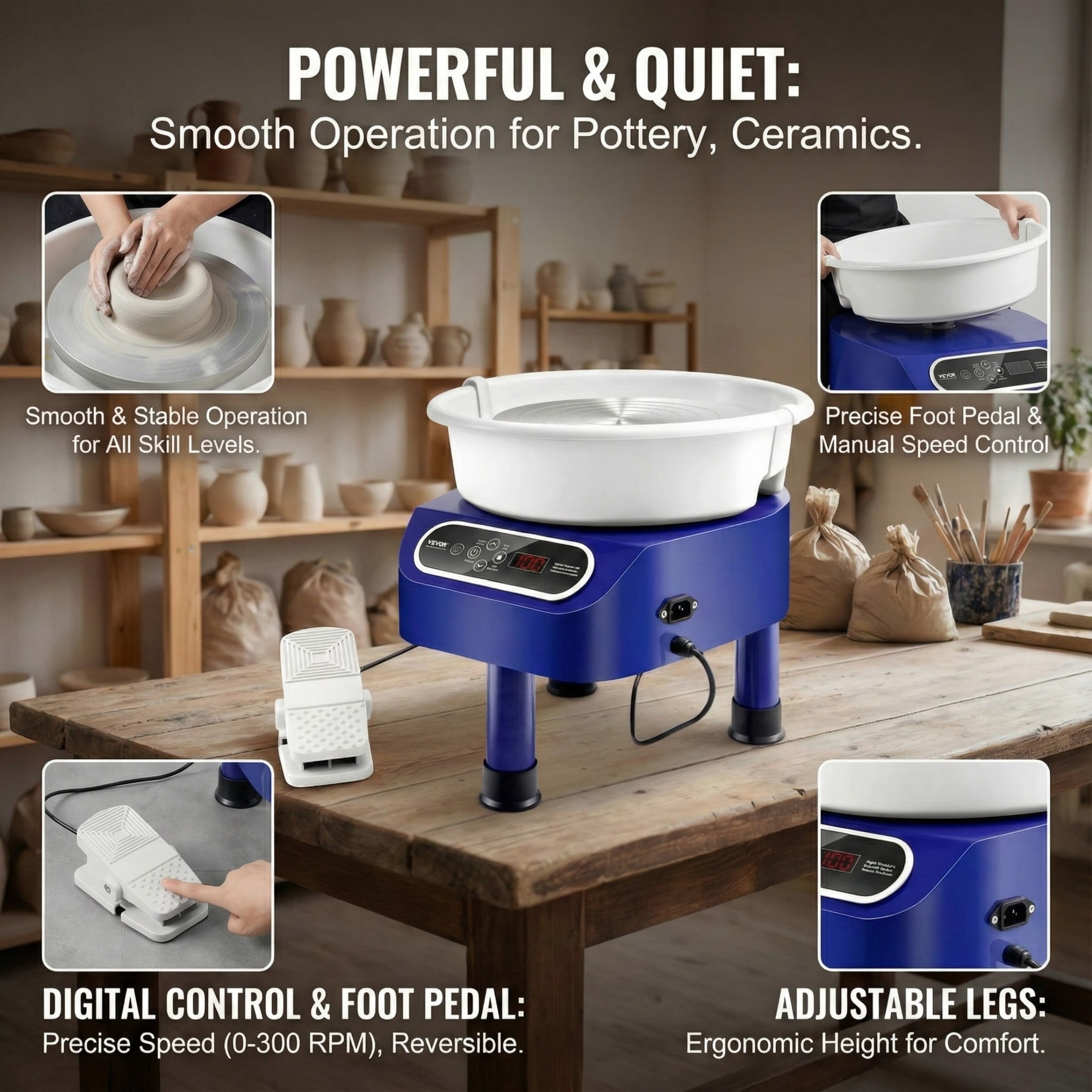 10" 350W Direct Drive Pottery Wheel, Foot Pedal & LCD Touch Screen, with 3-Leg Base for DIY Ceramics