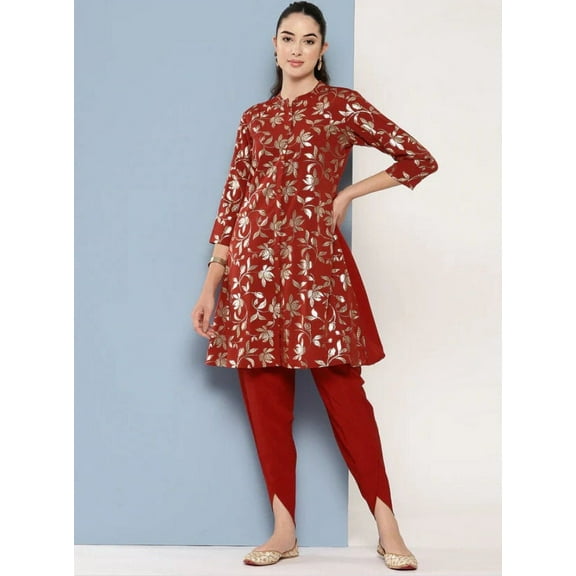 Red Crepe Foil Print Kurta With Tulip Pants | Kurta Set | Kurti With Tulip Pants | Indian Kurta Set for Women | Kurti With Pants