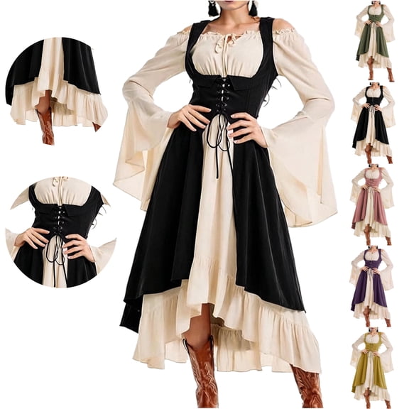 LEKWK Renaissance Dress Women Plus Size Lace Up Corset Ruffled Medieval Pirate Costume Off Shoulder Bell Long Sleeve Ren Faire Dresses