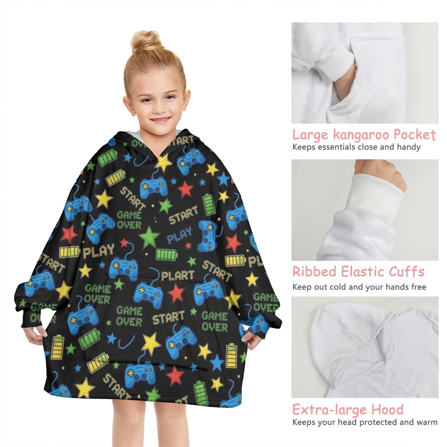 Colorful Controllers Games Icons Black Pattern Blanket Hoodies for Kids 6-13YR Oversize Wearable Blanket Hoodies for Boys Girls Teens