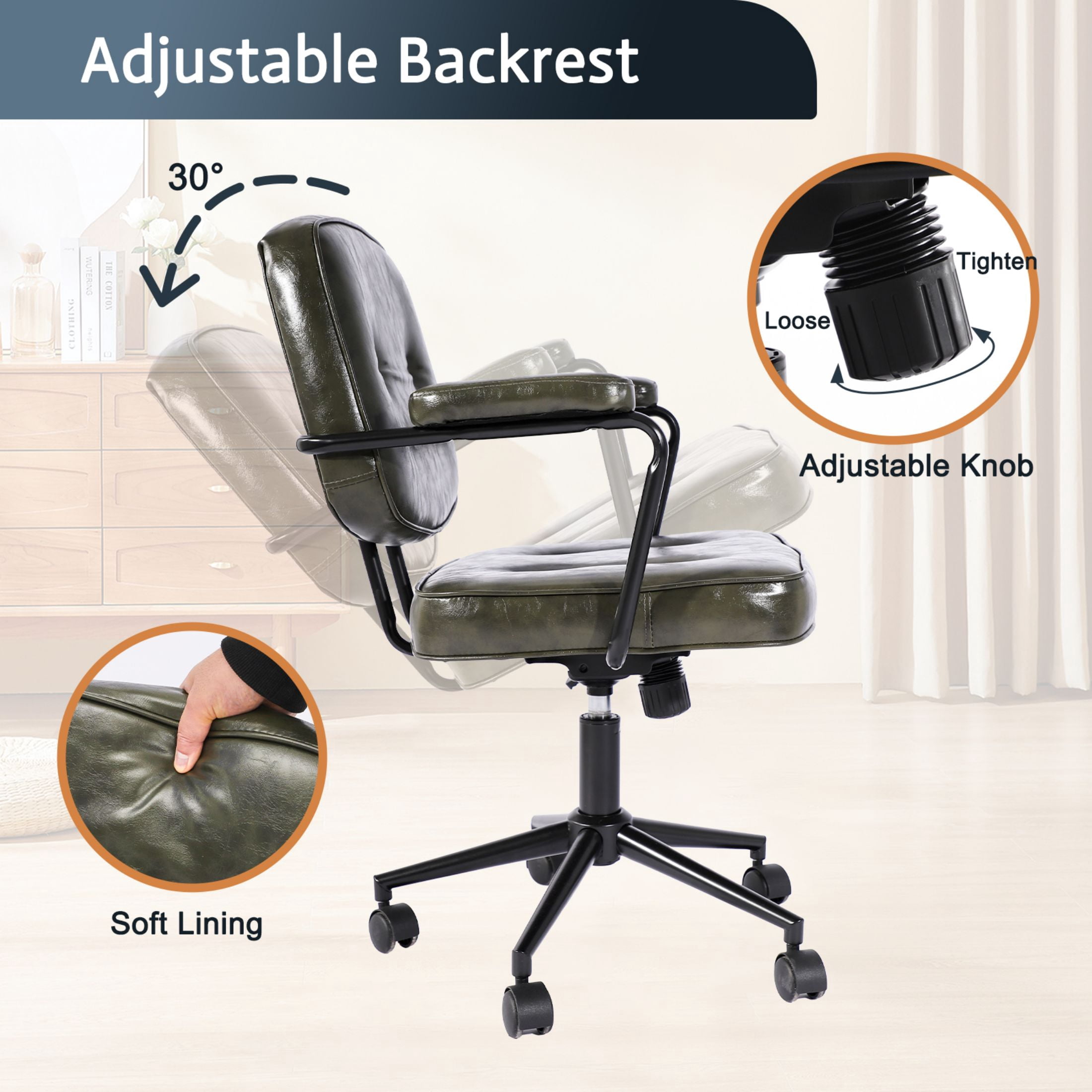 TPHORK Retro PU Leather Office Chair,Mid Back Swivel Task Chair with Wheels and Arms,Height and Backrest Adjustable Home Office Desk Computer Chair,Green