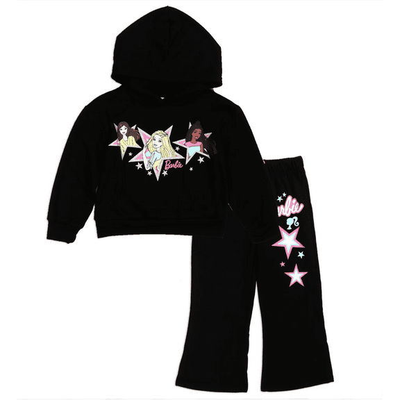 Barbie Girls 4-6X 2-Piece Fleece Hoodie Set, Black Hoodie Pants With Glitter (Size 5)