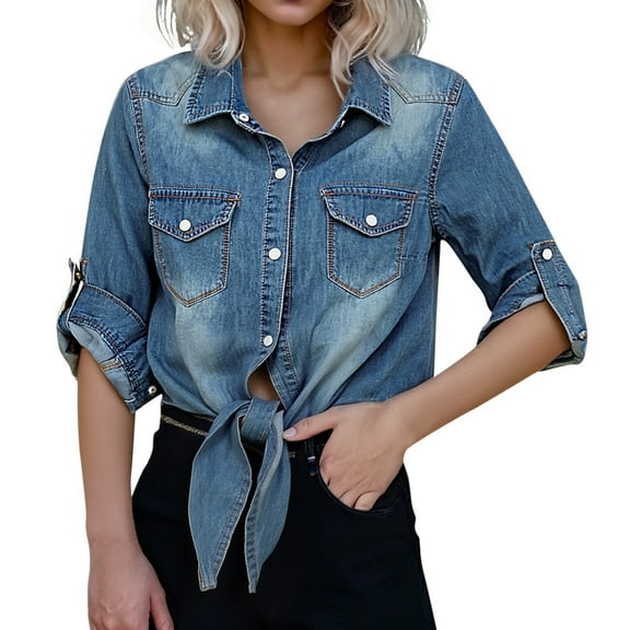 KHONTS Women's Roll up 3/4 Sleeve Tie Front Knot Shirt Chambray Denim Crop Top Dark Blue XL