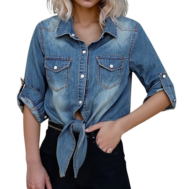 Chemise en Denim Élégante à Nœud à l'Avant avec Manches Cap et Cape Superposable Amovible pour Femmes