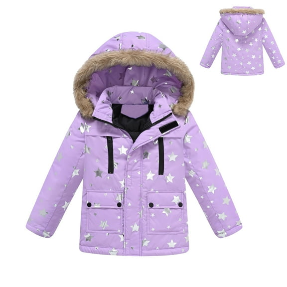 Kids Winter Coat for Girls Hooded Puffer Jacket Kids Purple Puffer Jacket Full-Zip Long Sleeve Thicken Waterproof Jacket Kids Girl Fall Jacket 4-5 Years