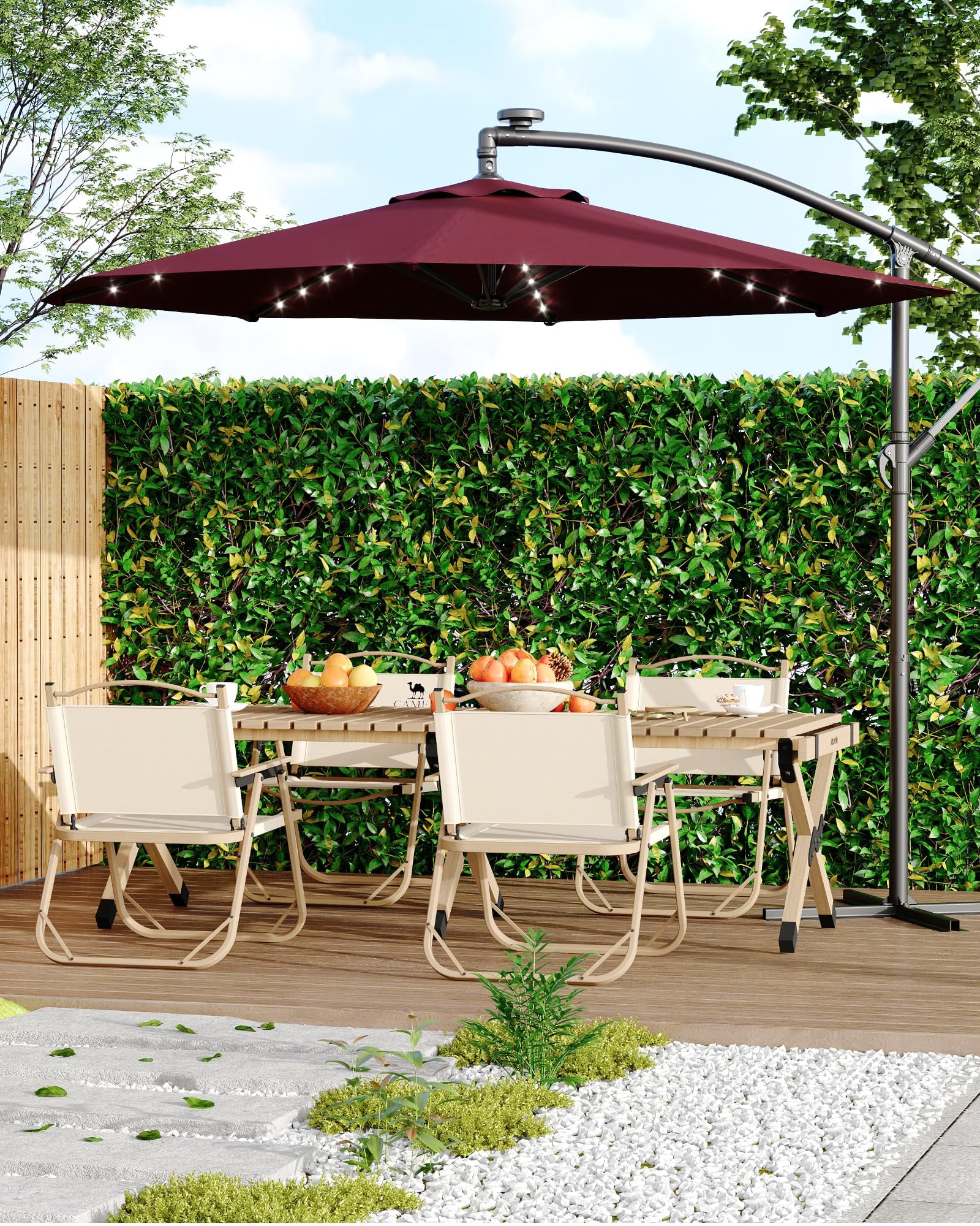 10ft Solar LED Offset Hanging Market Patio Umbrella for Backyard, Poolside, Lawn and Garden w/Easy Tilt Adjustment, UV Protection, Sturdy 8 Ribs - with 32 LED Lights