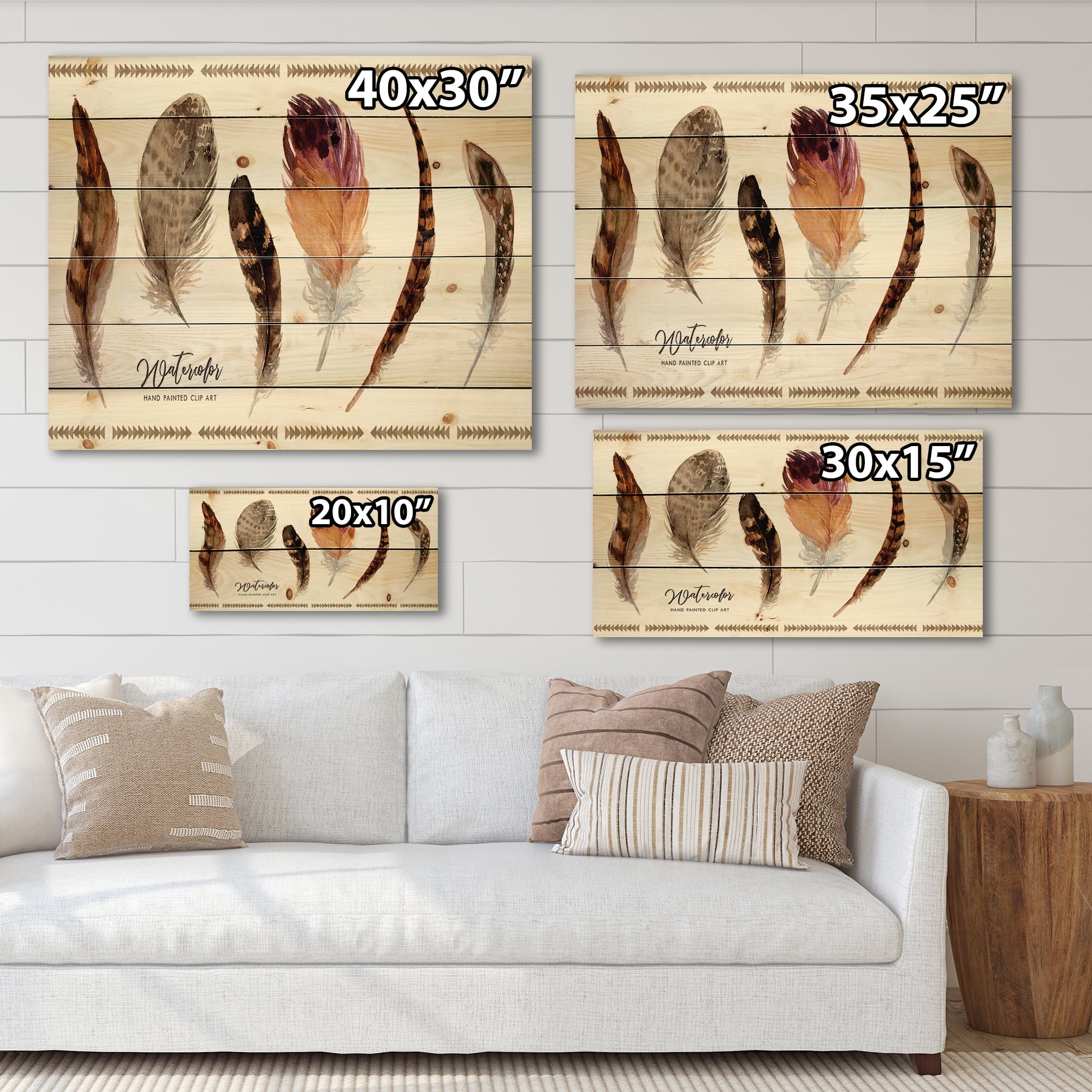 Designart 'Exotic Vibrant Boho Watercolor Feathers' Bohemian & Eclectic Print on Natural Pine Wood
