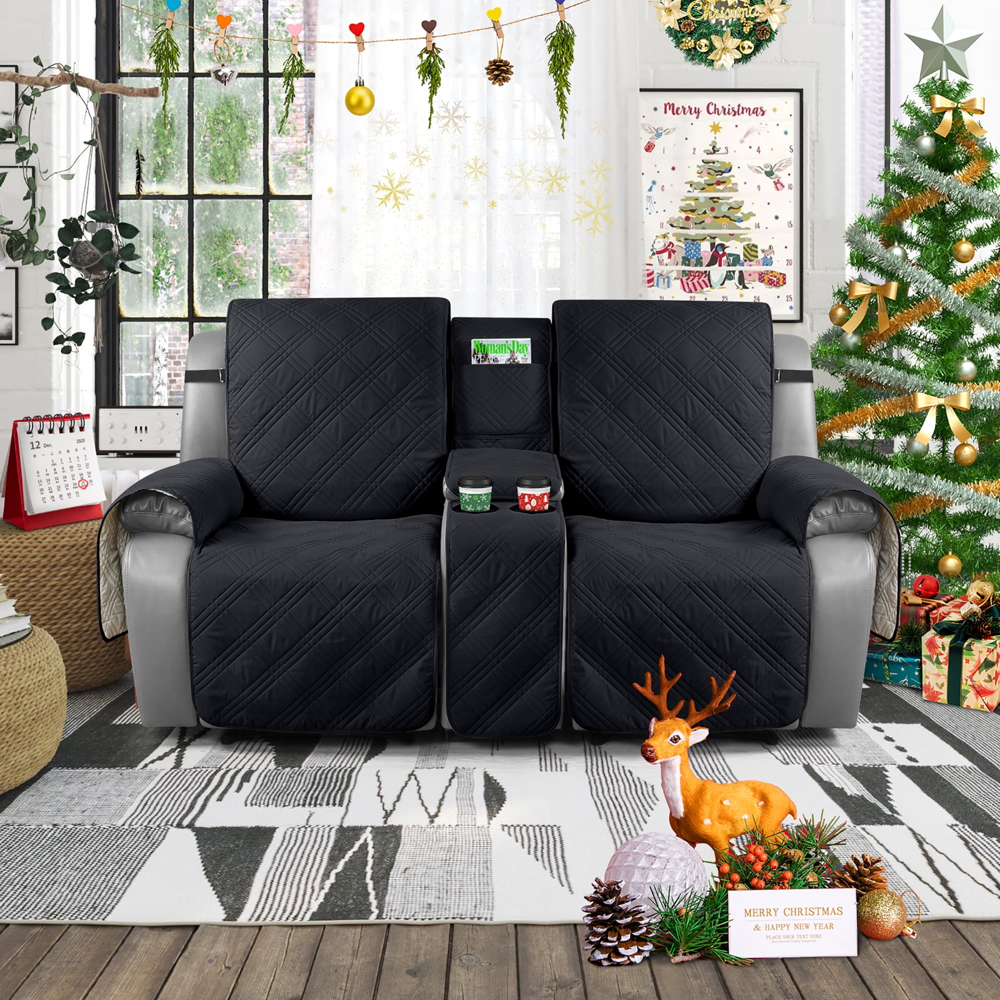 TAOCOCO Waterproof Loveseat Recliner Cover with Console, Non-Slip Pet Slipcover for Dual Loveseat Recliner Split Reclining Loveseat Cover,Black