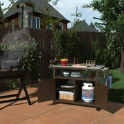 GLDF Outdoor Prep Table Grill Station, Solid Wood Movable Dining Cart Table, Dark Brown
