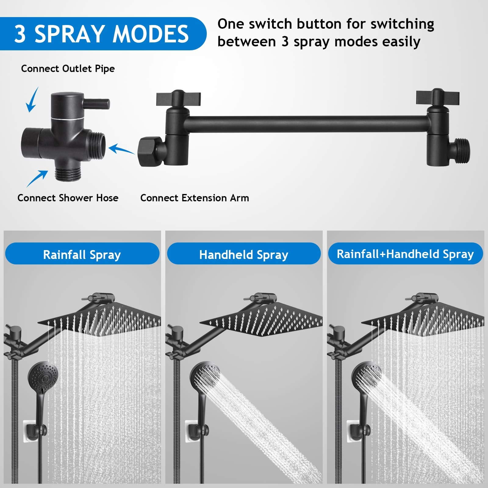 Black 10" Showerhead Set with Adjustable Extension Arm and 5-Setting Handheld Spray