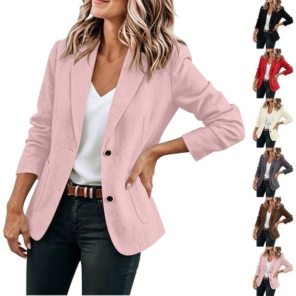 Women's Solid Lapel Blazer Jacket, Long Sleeve Button Front Suit Coat with Pockets, Casual Business Outerwear Pink XL(XL)