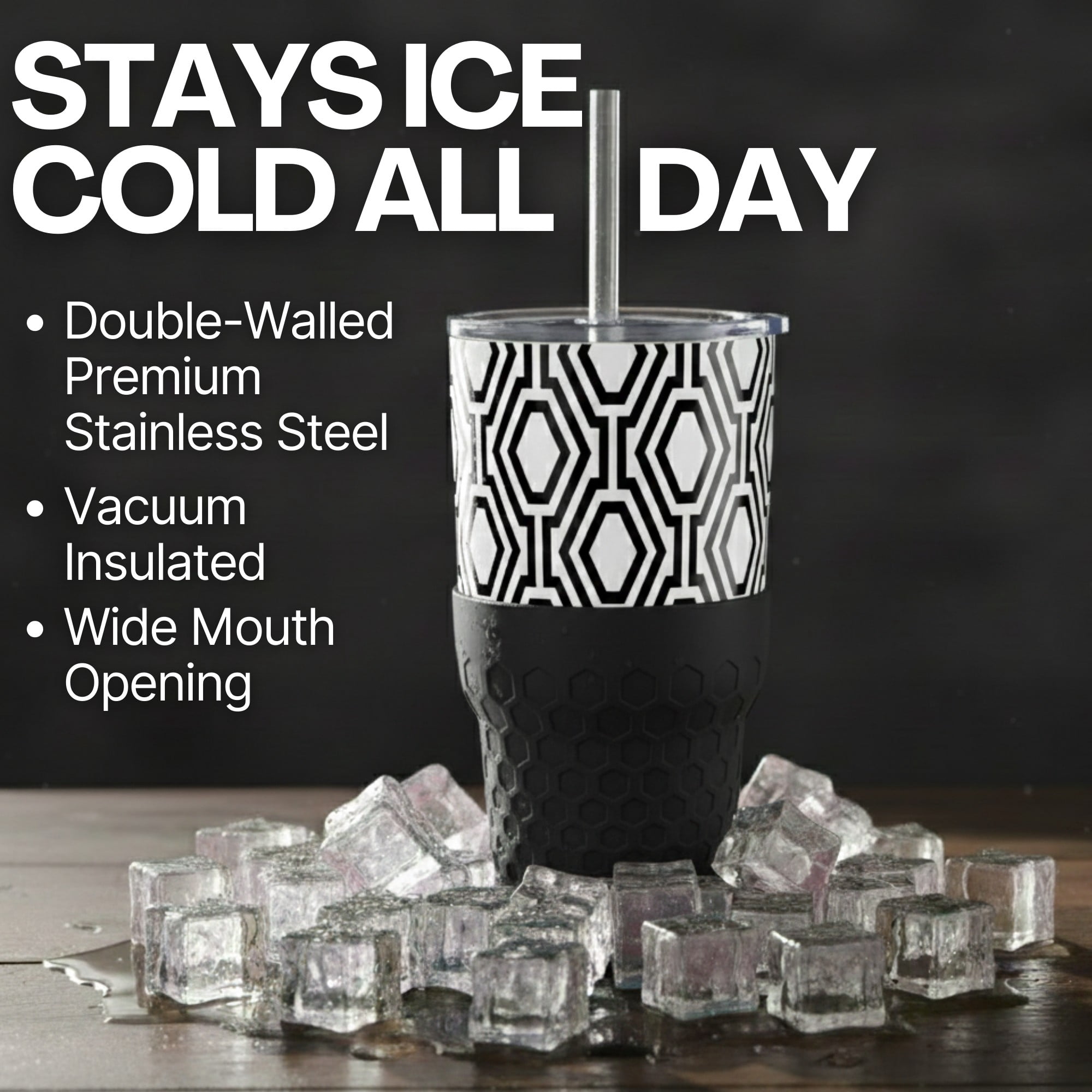 Biddlebee 30oz Insulated Stainless Steel Tumbler with Straw and Silicone Boot, Black & White Check