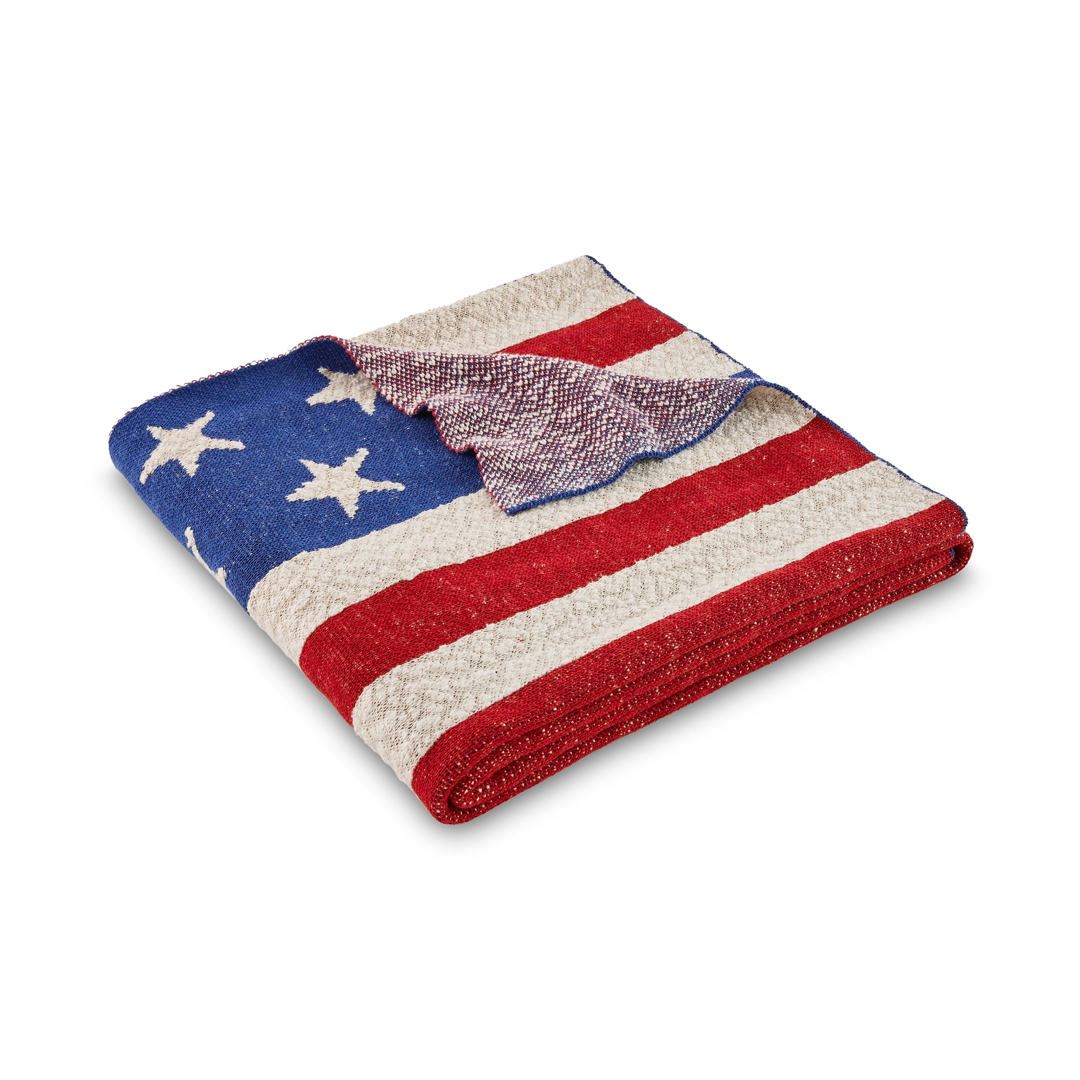 Lanwood Home Americana summer Knitted Throw Blanket, USA American Flag Oversize Throw, Red and Blue Star Stripe