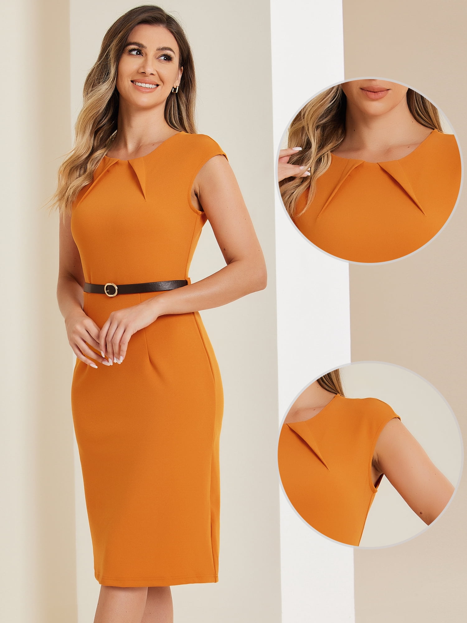 DARING DIVA Elegant Round Neck Cap Sleeve Belted Work Sheath Dresses XL Orange
