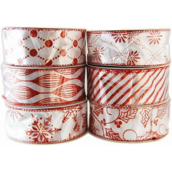 Wire Edged Satin Glitter White and Red Christmas Ribbon - 6 Rolls of 10 Yards (60 Yards)