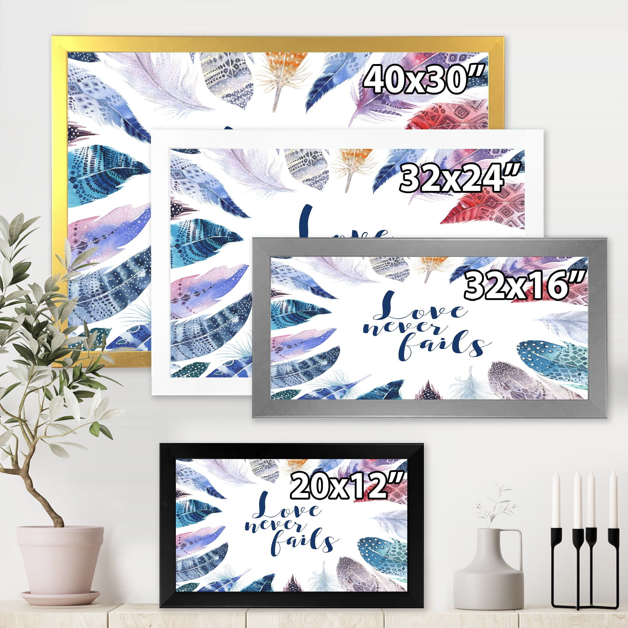 Inspiring Quote With Boho Feathers 32 in x 24 in Framed Painting Canvas Art Print, by Designart