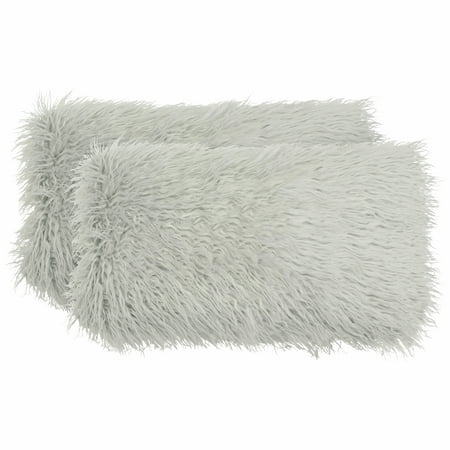 Boho Living Mongolian Faux Fur 2-Piece Decorative Lumbar Pillow Set, Light Grey