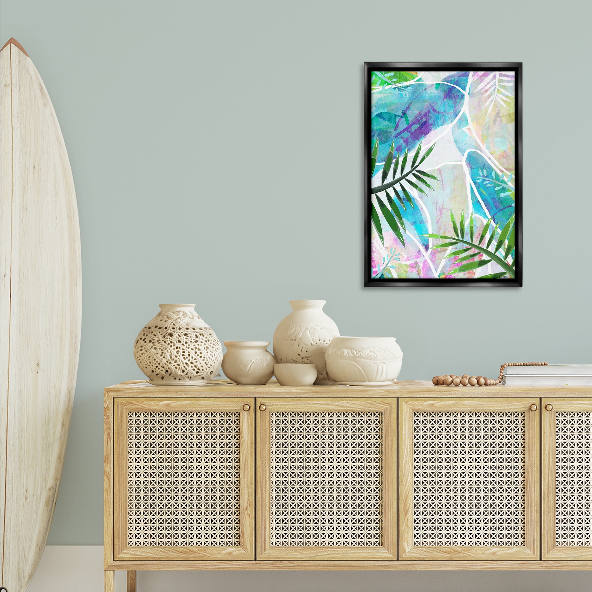 Stupell Industries Layered Tropical Leaves Coastal Painting Black Floater Framed Canvas Art Print Wall Art, 21 x 31