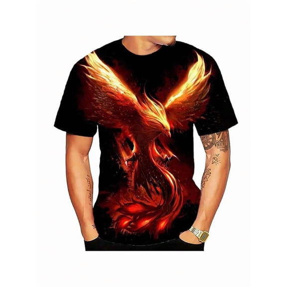 Mens Fire Phoenix 3D Print Crew Neck Short Sleeve Mythical Creature T Shirt, Full Print Crew Neck Short Sleeve Tee, Casual Summer Top, All Over Printed Graphic T-Shirt