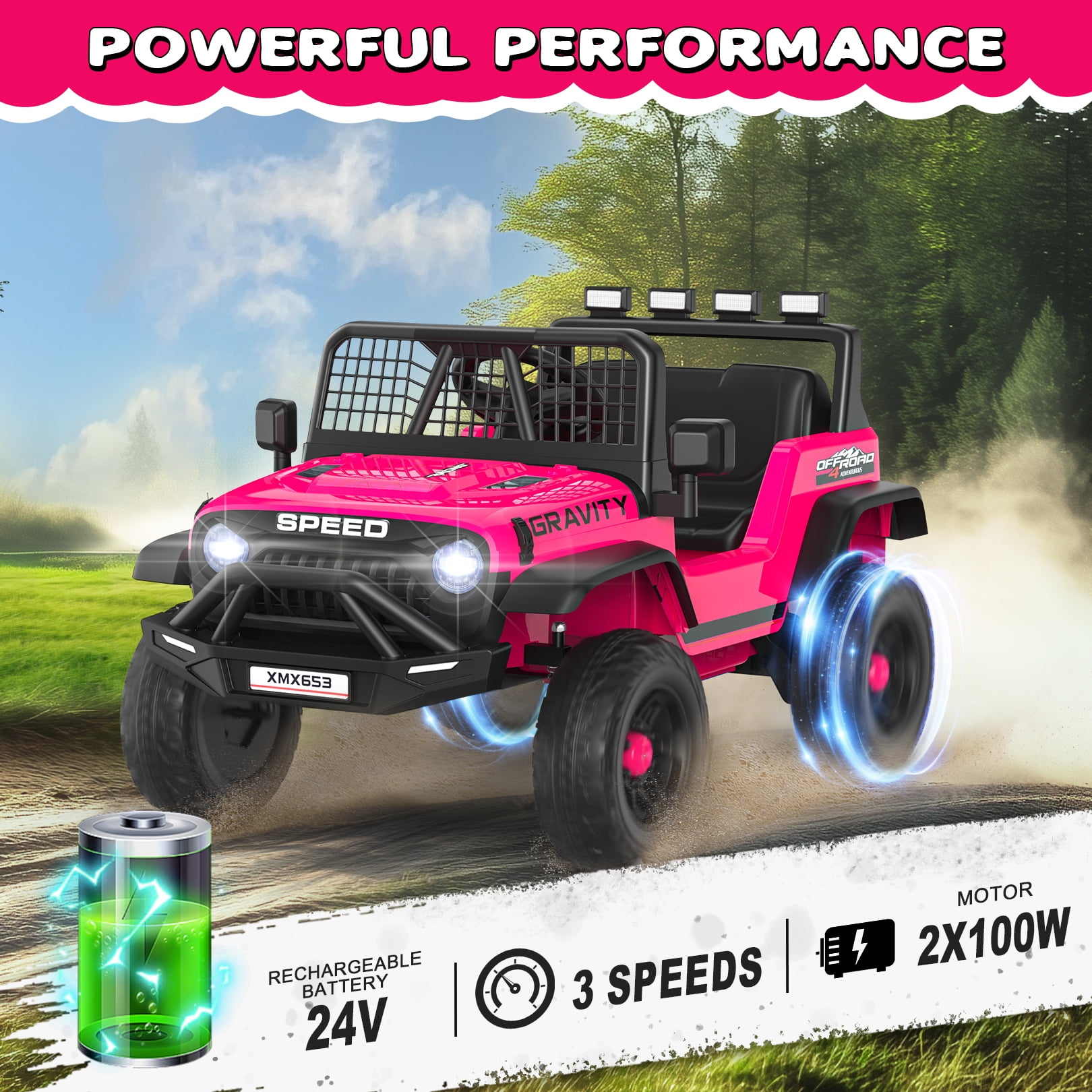 Funcid 24V Ride on Cars Truck with Remote Control, Electric Battery Powered Car with Spring Suspension, Ride on Toys for Kids, Built-in music, Cool LED Light, Bluetooth, USB, Pink