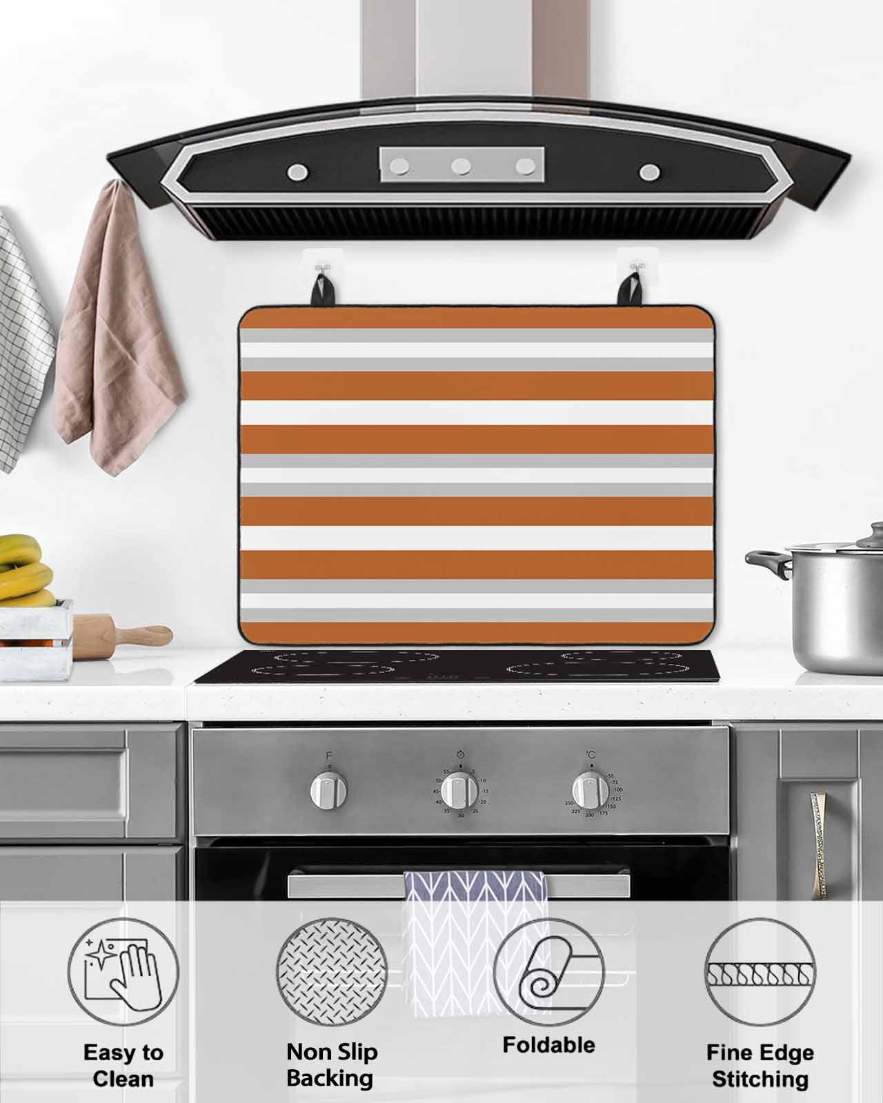 nqOlkjepod Large Induction Cooktop Protector Mat 24"x21", Burnt Orange Grey Stripe Stove Top Covers for Electric Stove, Minimalist Farmhouse Striped Stove Burner Cover Mats, Glass Top Stove Cover