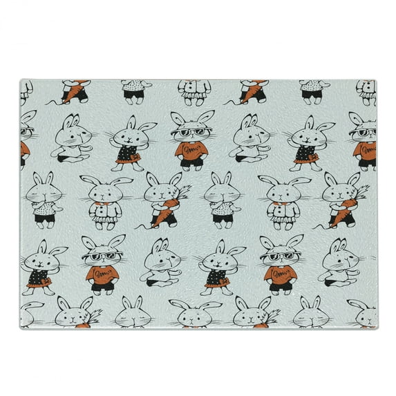 Funny Cutting Board, Retro Bunny Rabbits with Costumes Jack Hare Funky Bunnies Carrot Sketch Style, Decorative Tempered Glass Cutting and Serving Board, Small Size, Orange White, by Ambesonne