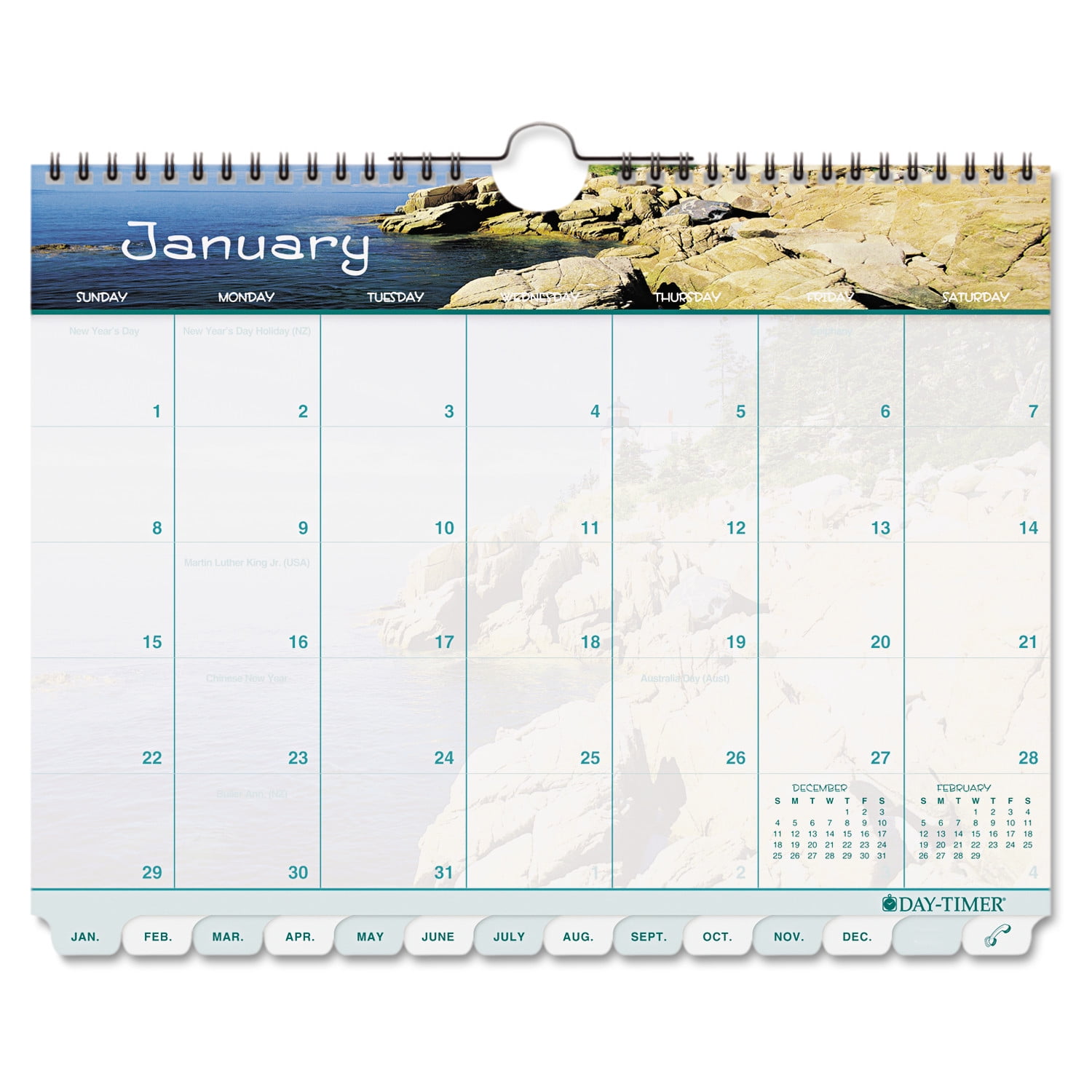 DayTimer Coastlines Tabbed 12Month Wirebound Wall Calendar, 11 x 8 1/