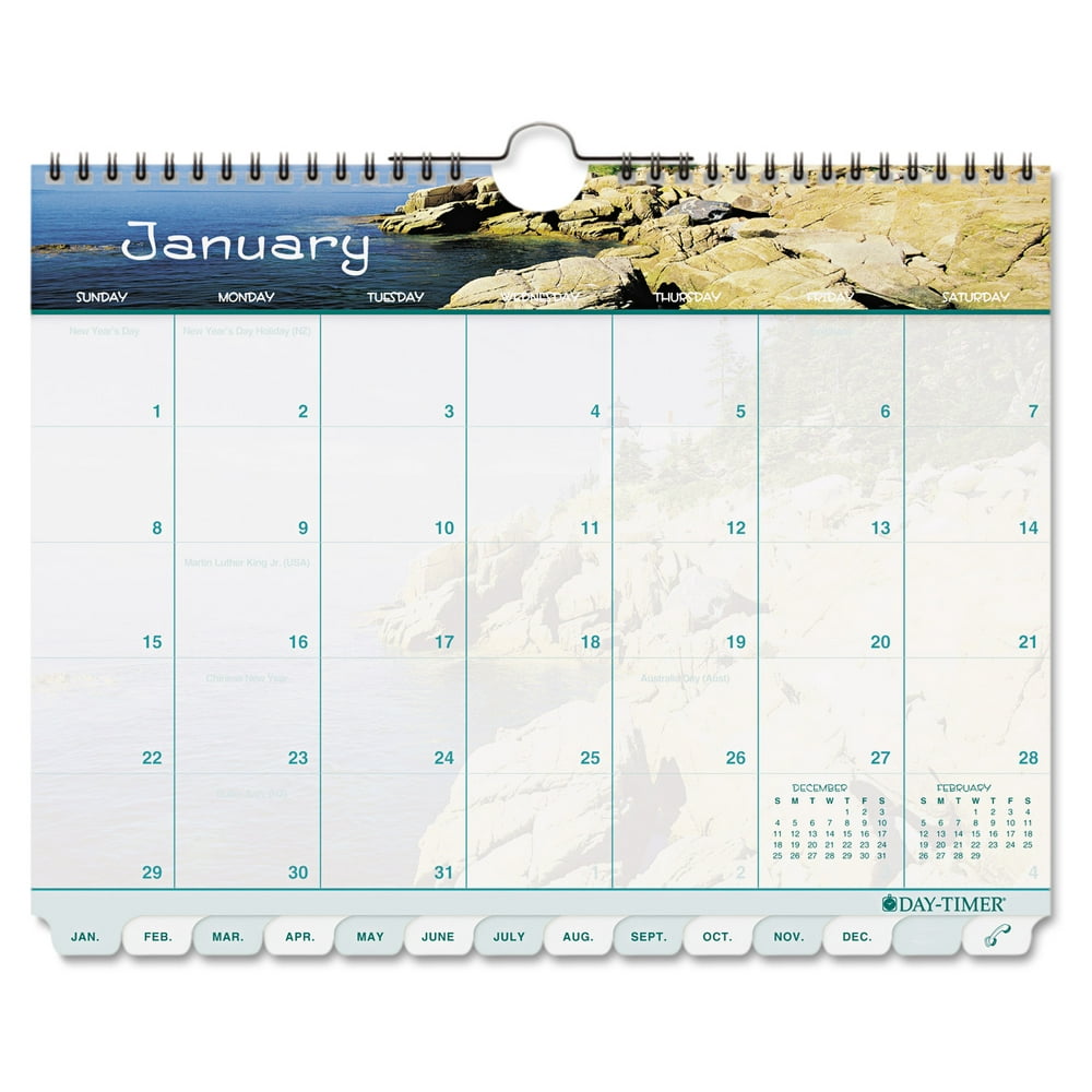 DayTimer Coastlines Tabbed 12Month Wirebound Wall Calendar, 11 x 8 1/