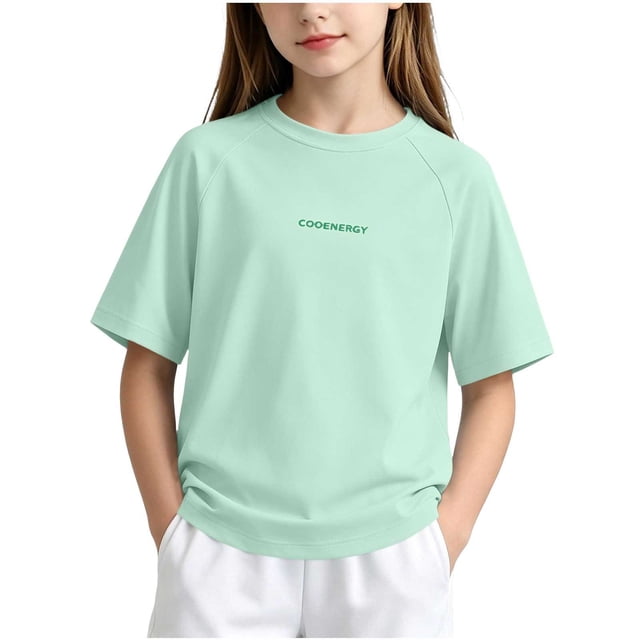 FRSASU Childrens T-Shirt Summer Round Neck Drop Shoulder Short Sleeve Tee Label Letter Casual Loose Basic Tee Green