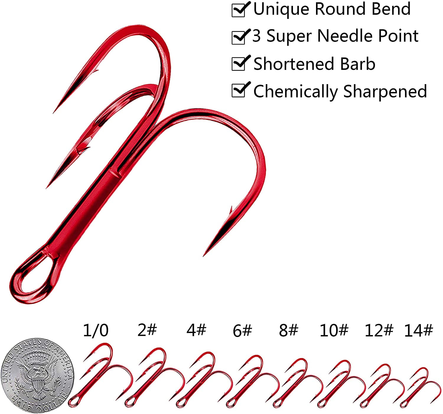 Fishing Red Treble Hooks,100pcs Sharp Round Bend Barbed Treble Hook High-Carbon  Steel Hooks for Bass Trout Saltwater Freshwater Size 14# 