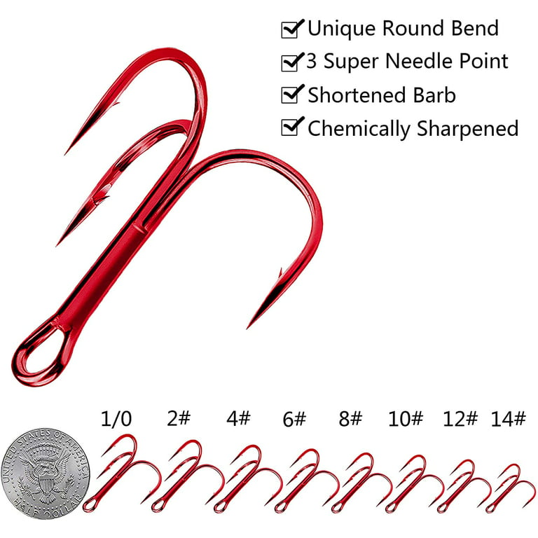 Fishing Red Treble Hooks,100pcs Sharp Round Bend Barbed Treble Hook  High-Carbon Steel Hooks for Bass Trout Saltwater Freshwater Size 2#