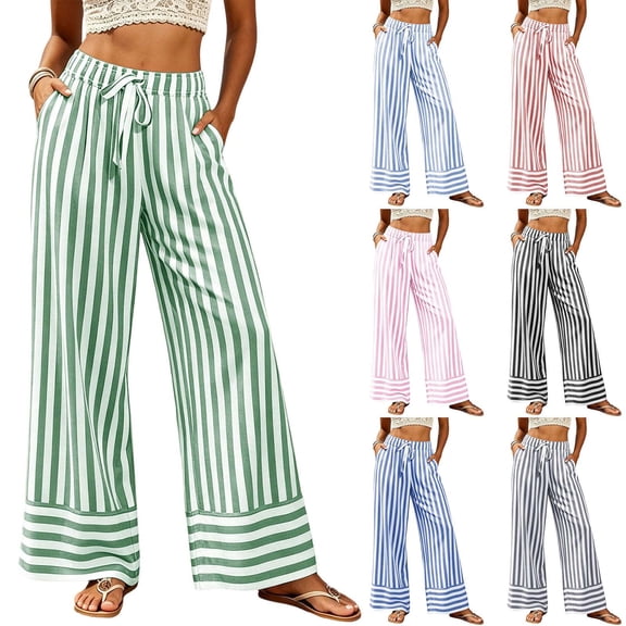 Tqcoqu Women's Striped Wide Leg High Waist Pants,Drawstring Elastic Loose Casual Beach Vacation Long Trouser with Pockets