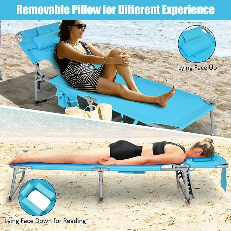 ONKER Beach Chair Chaise Lounge Tanning Chair with Face Arm Hole Detachable Pillow Adjustable Backrest Side Pocket Carry Handle Outdoor Folding