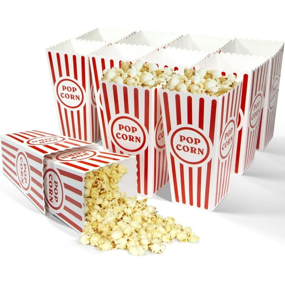 Novelty Place 12 Pcs Classic Popcorn Boxes, Red & White Striped Cardboard Popcorn Container for Family Movie Night Party - 7.8" Tall x 3.9" Square