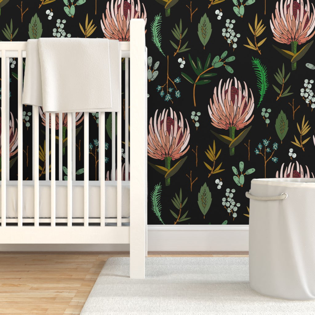 Removable Water-Activated Wallpaper Protea Modern Botanical Floral Dark Grey
