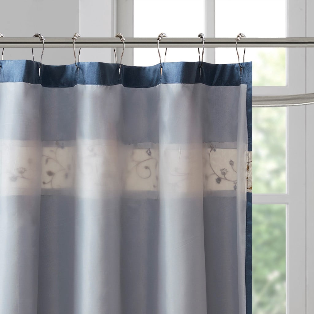 MAYEERTY Faux Silk Embroidered Floral Shower Curtain, Machine-Washable