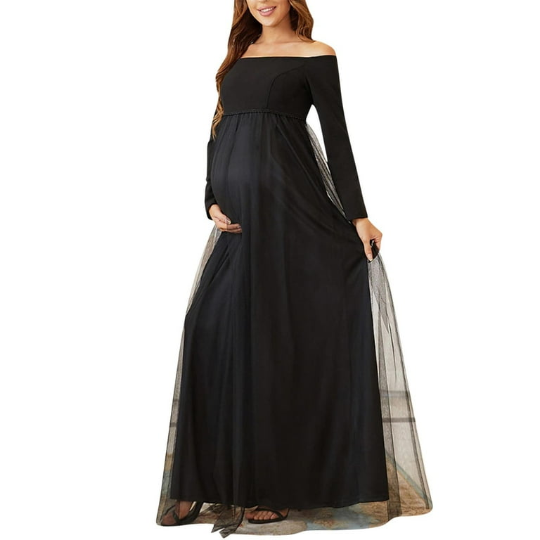 fitted lace wedding dress Black Off-The-Shoulder Midi Maternity Dress with Sleeves, Black / S