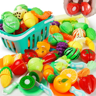 Cutting Food Play Set Barrel Toys, for Kids Pretend Kitchen Toys Cutting Fruits Vegetables Toy with Knives, Cutting Board, Plates, Storage Container