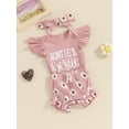 thumbnail image 4 of Elippeo Baby Girls Summer Shorts Sets 3 6 12 18 Months Flying Sleeve Letter Print Romper Floral Shorts Headband Sets, 4 of 10