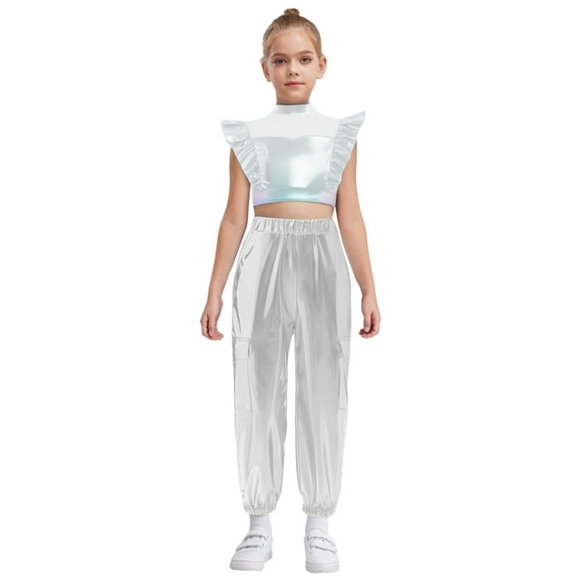 Yhong Kids Girls Hip Hop Street Dance Performance Costume Ruffle Crop Tops Pants Set Stage Party Outfits Silver 12