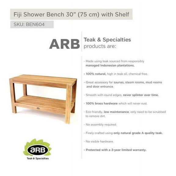 ARB TEAK & SPECIALTIES BEN604 Teak Shower Bench Fiji 30' (75 cm) with Shelf