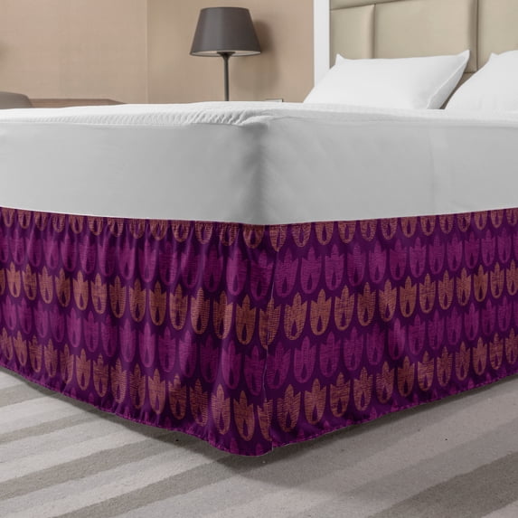 Dark Purple Bed Skirt, Geometric Tulips Illustrations in Hatched Stripes Style, Elastic Bedskirt Dust Ruffle Wrap Around for Bedding Decor, 4 Sizes, Magenta Persian Orange, by Ambesonne