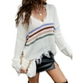 thumbnail image 4 of QAFOPEH Womens Striped Crop Sweater Deep V Neck Long Sleeve Fringed Knit Tops, 4 of 7