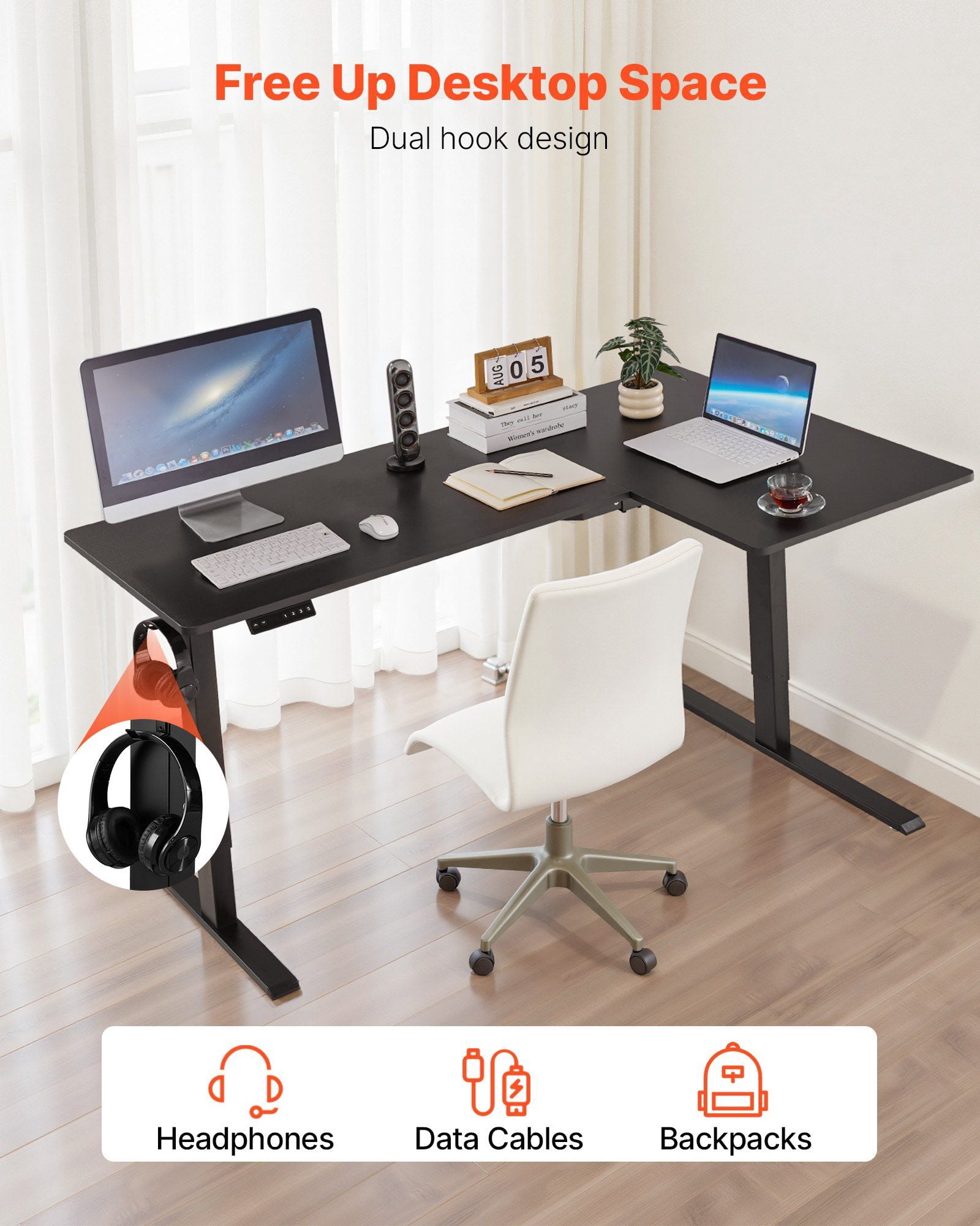 L-Shaped Electric Standing Desk Adjustable Height Corner Gaming Desk 63x39.37 Inch with Dual Motors, Memory Preset, Hooks, Cable Management, Spacious Workstation for Home Office