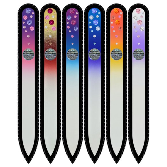 Mont Bleu Coffret Cadeau de 5 + 1 Lime à Ongles en Verre Décorée à la Main avec Cristaux - Cadeaux Faits à la Main - Verre Trempé Tchèque - Meilleur Kit de Lime à Ongles en Cristal pour Ongles Naturels