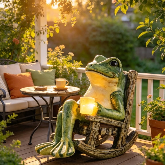 Solar Frog Figurine Light Outdoor Garden Decor Resin Statue with Rocking Chair and Cup Design, Housewarmings Gift for Patio Yard Lawn Ornamen