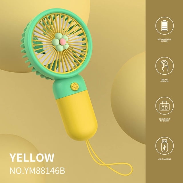 ventilador pequeño de fruta de dibujos animados lindo, ventilador de mano para niña, ventilador de bolsillo para exteriores, ventilador de aprendizaje de escritorio wmkox1504yii hfskjfh1497 Mini ventilador amarillo con motivo de fruta en el centro, vista frontal inclinada, mango cilíndrico portátil con correa, carcasa de plástico y rejilla circular; gráfico lateral indica carga USB; paquete aprox. 8 x 4.4 x 14.8 cm, ideal para oficina, dormitorio o uso al aire libre como ventilador de bolsillo.